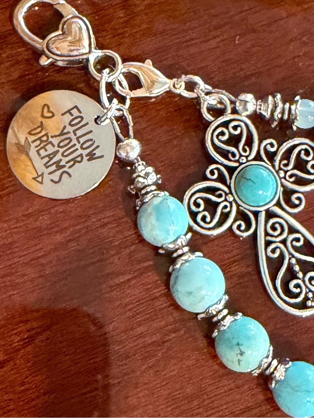 NEW Silver Turquoise  Cross “Follow Your Dreams” Charm Turquoise Beaded Handbag